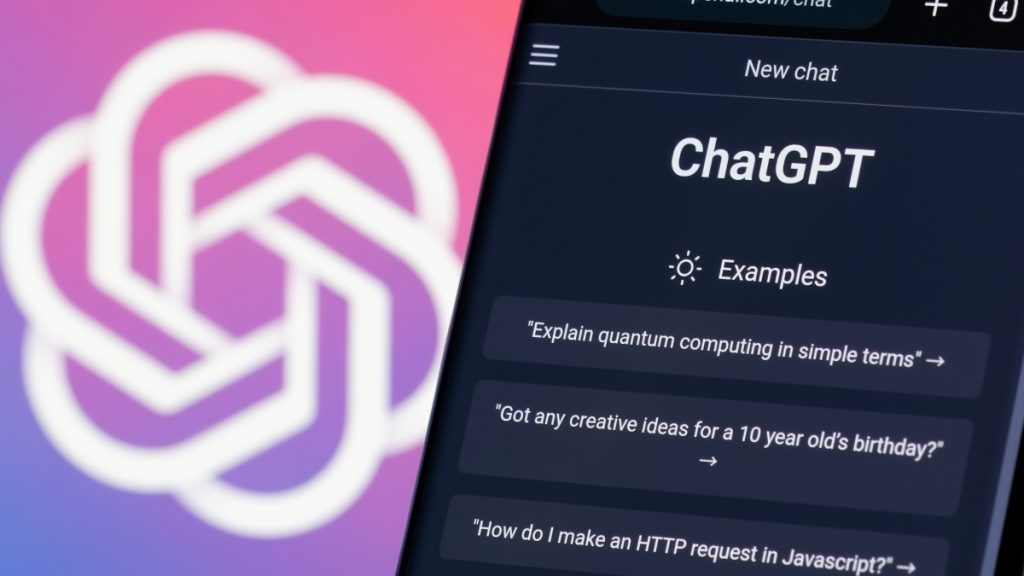 Telefono cellulare con ChatGPT aperto nel browser con il logo OpenAI sullo sfondo