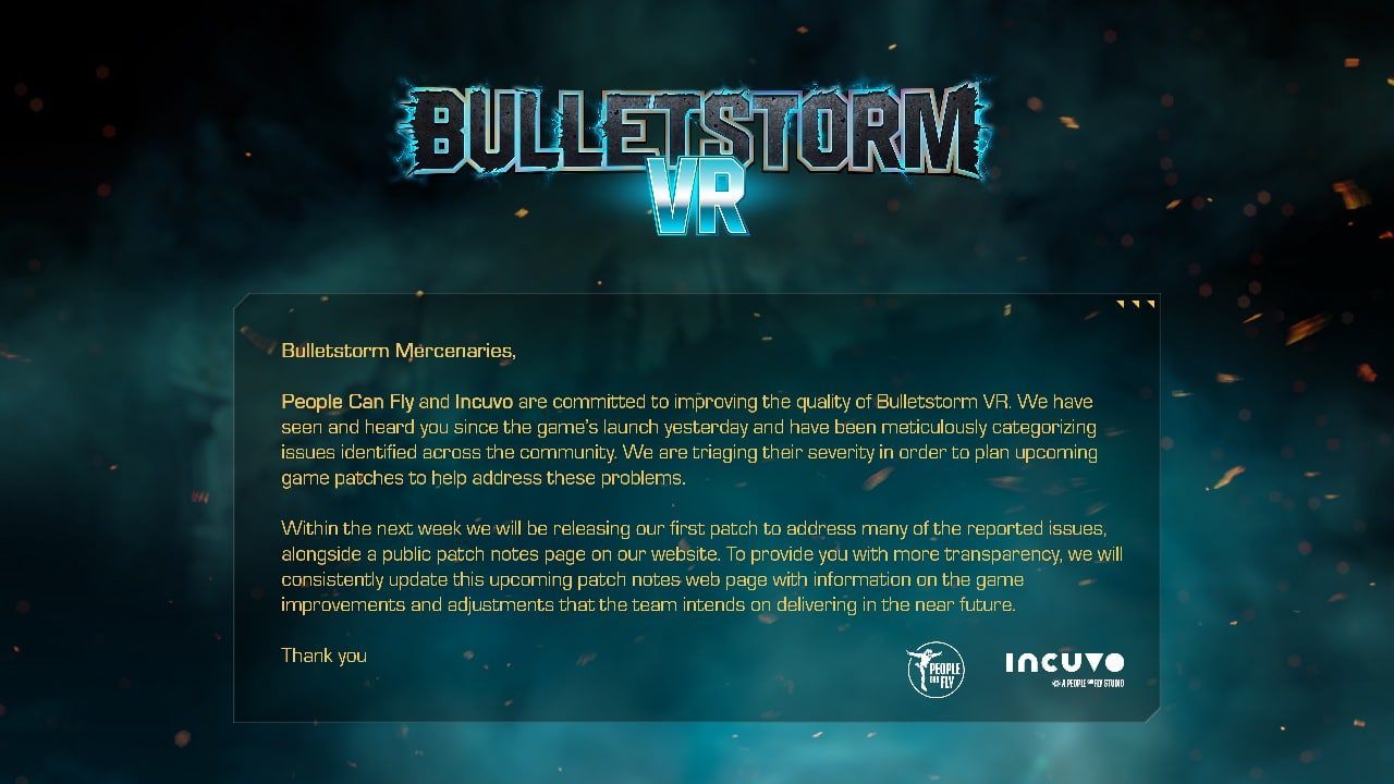 Una nota di Bulletstorm VR contiene un lungo testo sulle promesse di miglioramenti