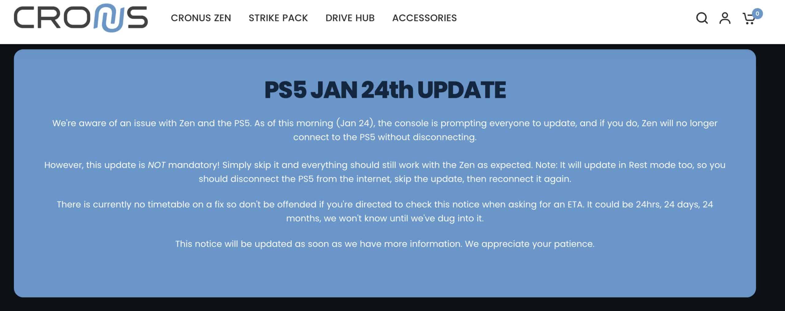 Cronus emette un avviso di arresto anomalo dopo che un aggiornamento PS5 ha bloccato il dispositivo