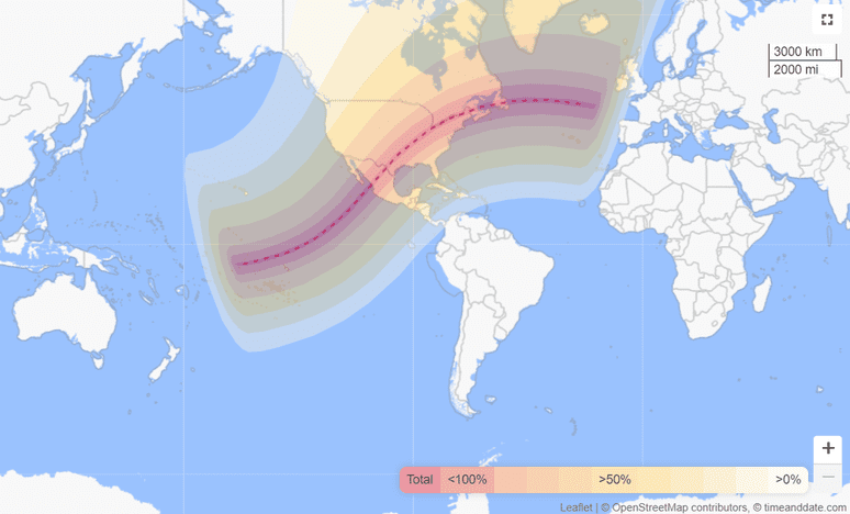 La barra rossa indica dove sarà visibile l'eclissi totale (Immagine: timeanddate.com)